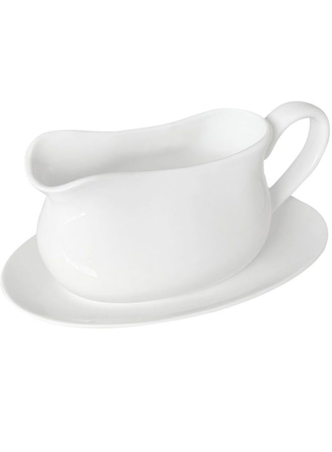 Qlans 17oz Gravy Boat with Saucer Stand, Set of 1, Ceramic Sauce Boat with Tray for Salad Dressings,ketchup， Creamer, Broth, Black Pepper, White - Image 1
