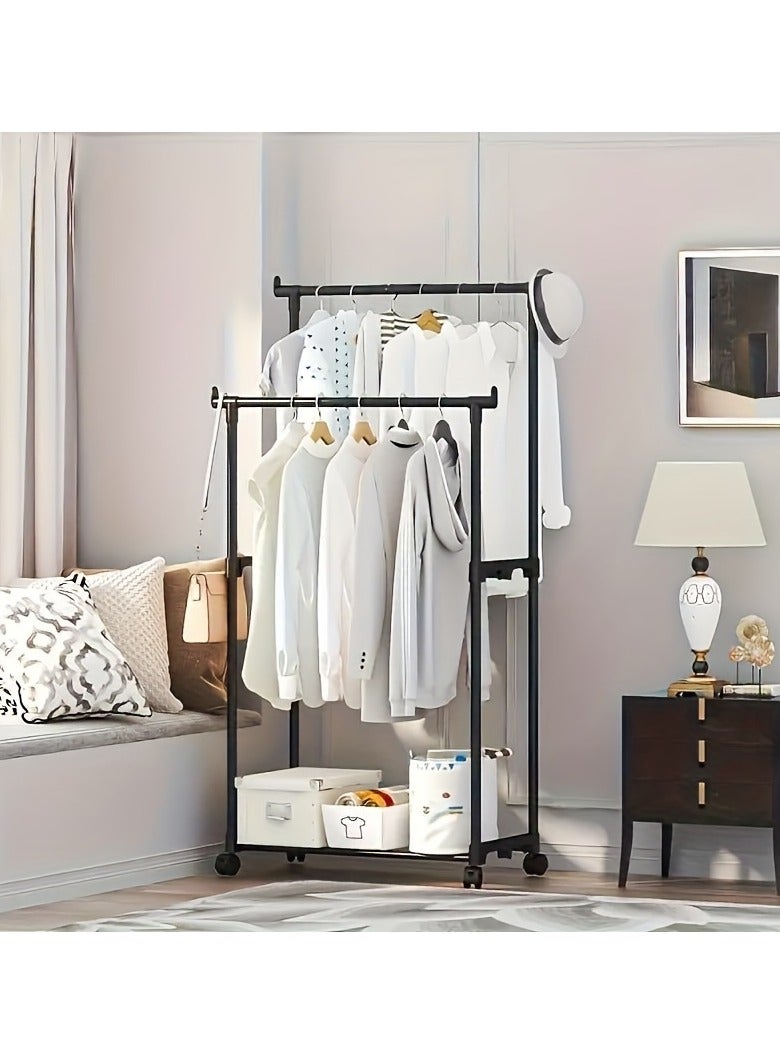 Double-Rail Clothes Rack｜Multifunctional Heavy-duty Clothes Rack｜Metal Freestanding Clothes Rail Garment｜with Lower Storage Shelf｜Hanging Rack Organizer for Bedroom｜Black 