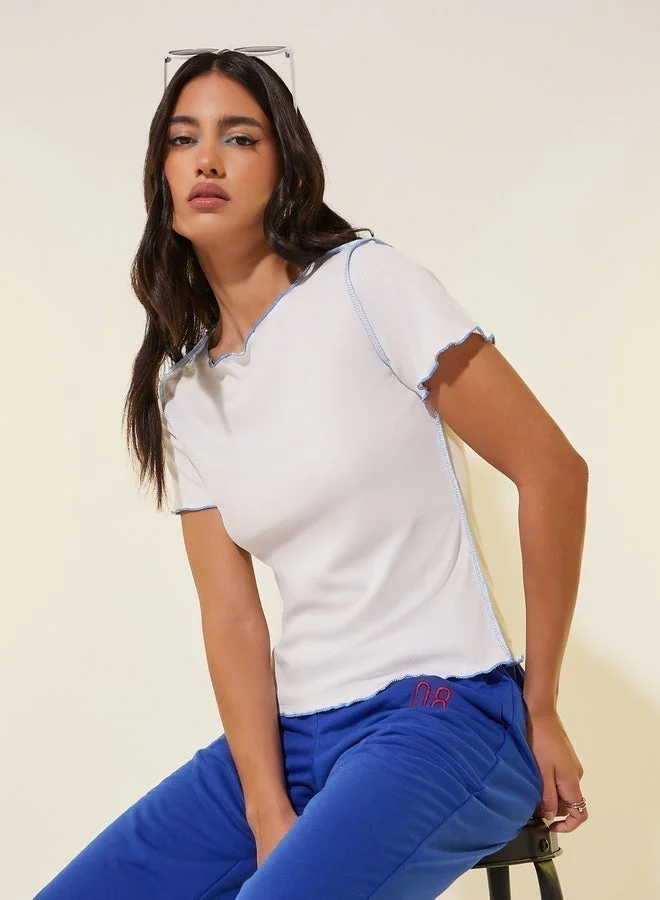 Take Two Ruffled Trim Textured Round Neck T-Shirt