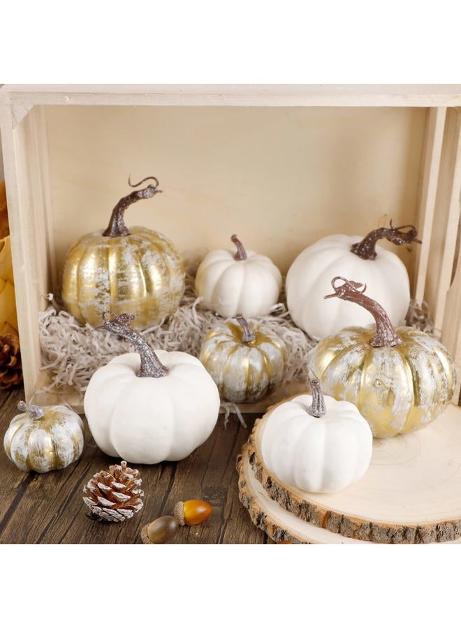 winemana 12 Pcs Golden and White Pumpkins Thanksgiving Pumpkin Decorations Assorted Sizes, Artificial Foam Harvest Autumn Decor, Fake Pumpkins Fall Decorations for Indoor Home Kitchen Table Mantle - Image 4