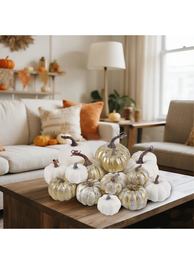 winemana 12 Pcs Golden and White Pumpkins Thanksgiving Pumpkin Decorations Assorted Sizes, Artificial Foam Harvest Autumn Decor, Fake Pumpkins Fall Decorations for Indoor Home Kitchen Table Mantle - Image 2