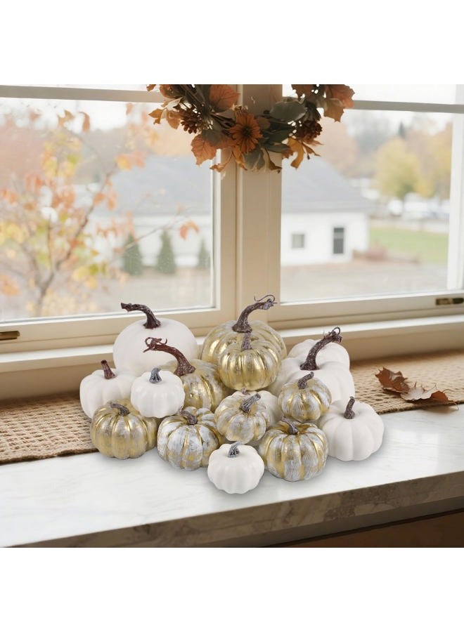winemana 12 Pcs Golden and White Pumpkins Thanksgiving Pumpkin Decorations Assorted Sizes, Artificial Foam Harvest Autumn Decor, Fake Pumpkins Fall Decorations for Indoor Home Kitchen Table Mantle - Image 5