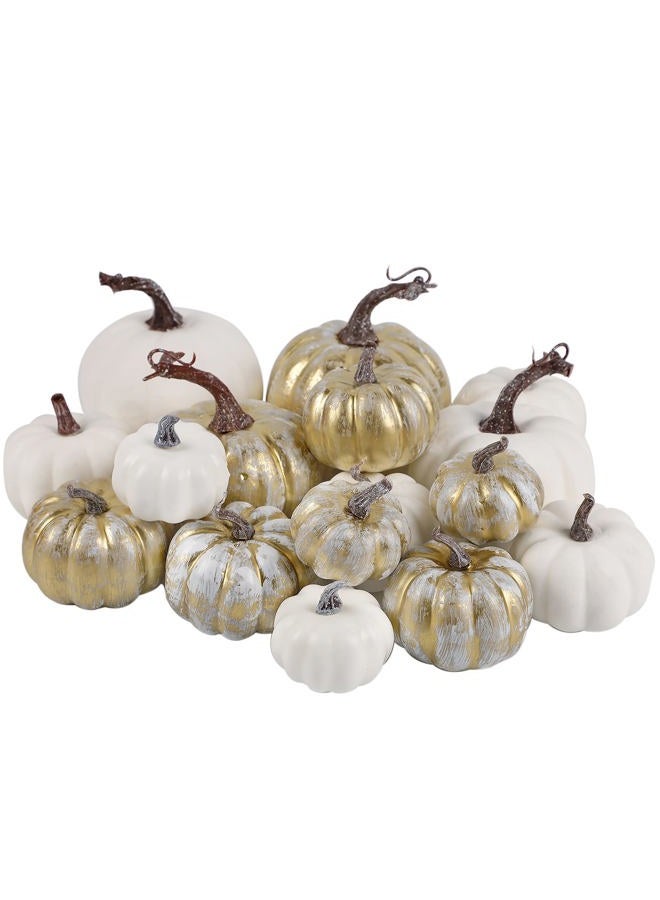 winemana 12 Pcs Golden and White Pumpkins Thanksgiving Pumpkin Decorations Assorted Sizes, Artificial Foam Harvest Autumn Decor, Fake Pumpkins Fall Decorations for Indoor Home Kitchen Table Mantle - Image 1