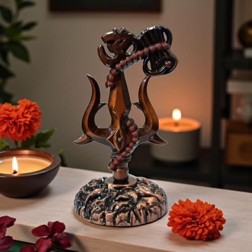 RIANZ Shivji Trishul with Damru and Om Idol for Mandir, Shiva Idol Car Dashboard Decoration Items Statue Metal Showpiece for Pooja Room Home & Office Decor (Bronze - Trishul), 10.5 cm, 6 cm - Image 1