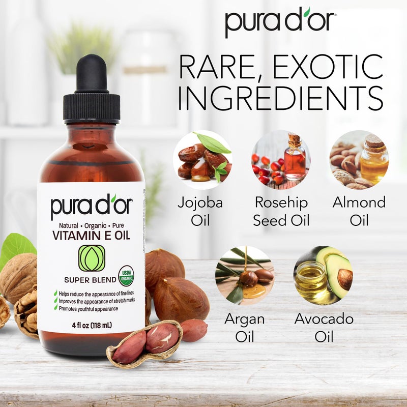 Pura d'or زيت فيتامين E العضوي من PURA D'OR 4 أونصات - زيت للوجه والجسم والشعر والاستحمام مع الأركان، الجوجوبا، زيت الورد، المشمش، اللوز والأفوكادو - مزيج مرطب خفيف لبشرة ناعمة وسلسة - Image 3