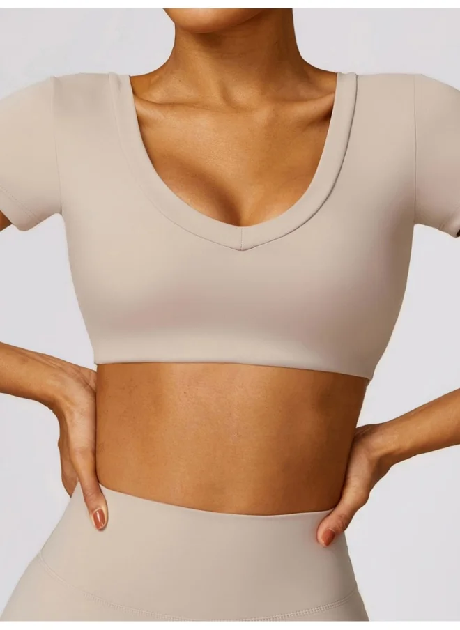 كون.يوغا KAWN YOGA Womens Crop Top Shirt Short Sleeves - Padded Low Impact Workout Yoga Shirt with Removable Built in Bra