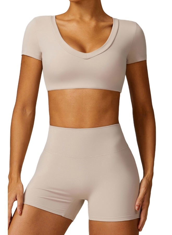 KAWN.YOGA KAWN YOGA Womens Crop Top Shirt Short Sleeves - Padded Low Impact Workout Yoga Shirt with Removable Built in Bra  - Image 2