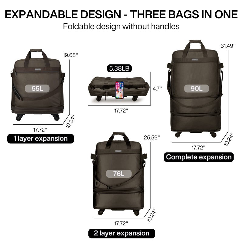 Hanke Suitcases with Wheels Expandable Foldable Luggage Bag Collapsible Rolling Travel Duffel Bag without Telescoping Handle Extra Large Rolling Bags(Coffee) - Image 2