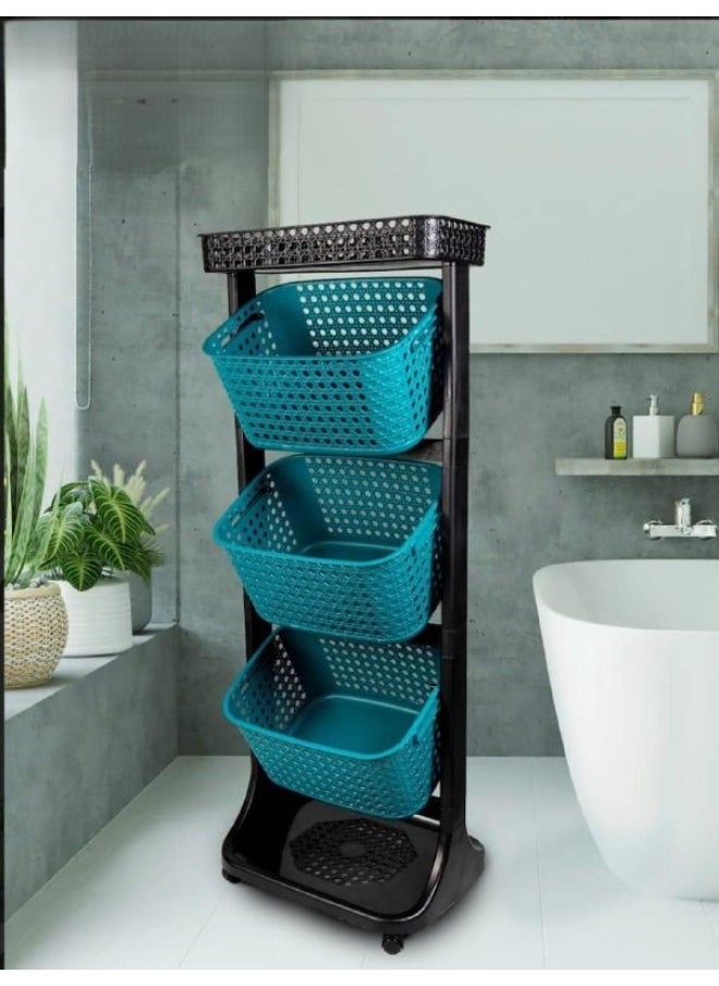 3-story tower + upper shelf on a stand (with wheels)