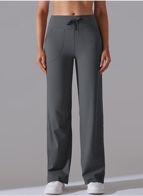 Nine Points Wide Leg High Waist Elastic Breathable Casual Pocket Jogging Pants for Running Fitness Yoga