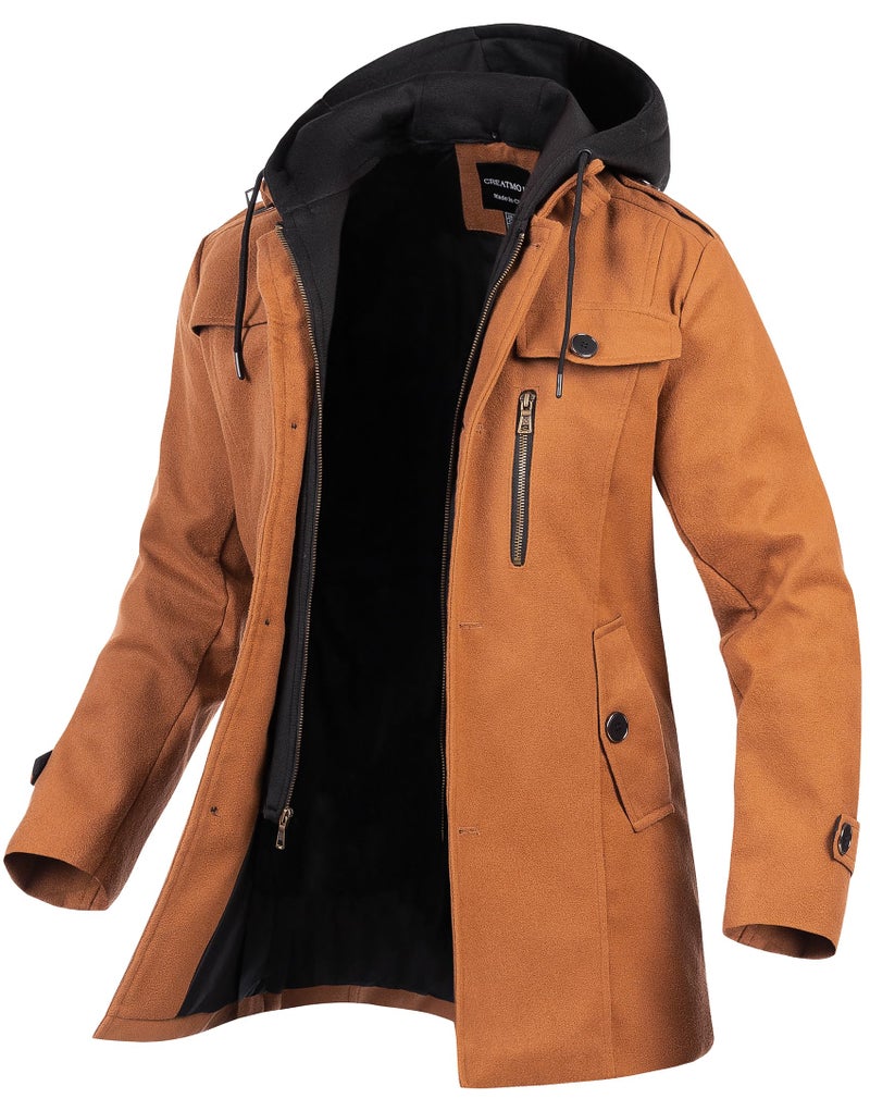 CREATMO US Men's Fall Winter Peacoat Jacket Wool Blend Mens Dress Coats Business Formal Trench Coats With Removable Hood Brown M - Image 2