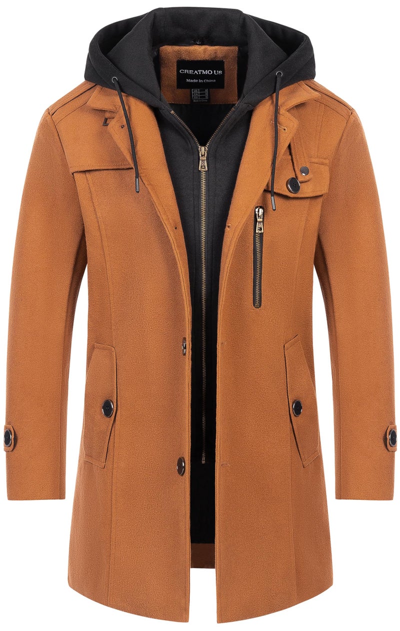 CREATMO US Men's Fall Winter Peacoat Jacket Wool Blend Mens Dress Coats Business Formal Trench Coats With Removable Hood Brown M - Image 1