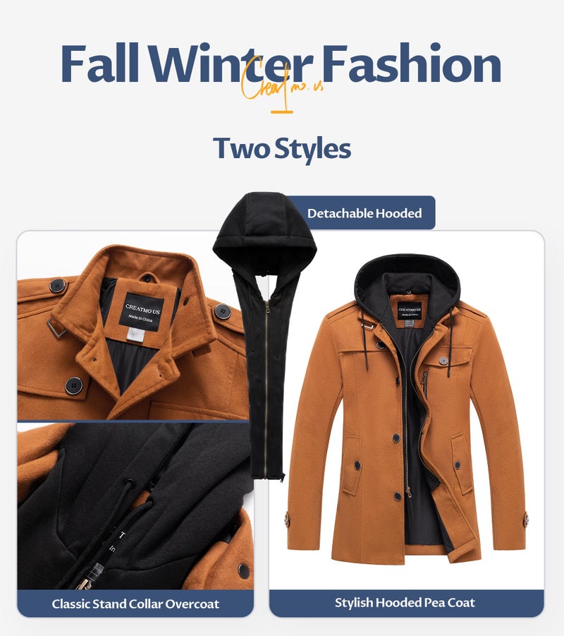 CREATMO US Men's Fall Winter Peacoat Jacket Wool Blend Mens Dress Coats Business Formal Trench Coats With Removable Hood Brown M - Image 4