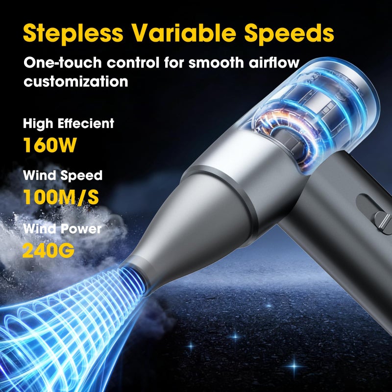 KOPIDOE Metal Electric Compressed Air Duster, 300000RPM Brushless Motor with Stepless Speed, Rechargeable Cordless Mini Blower for Computer Keyboard Cleaning, Car Detailing, House and Outdoor Use(Grey) - Image 3