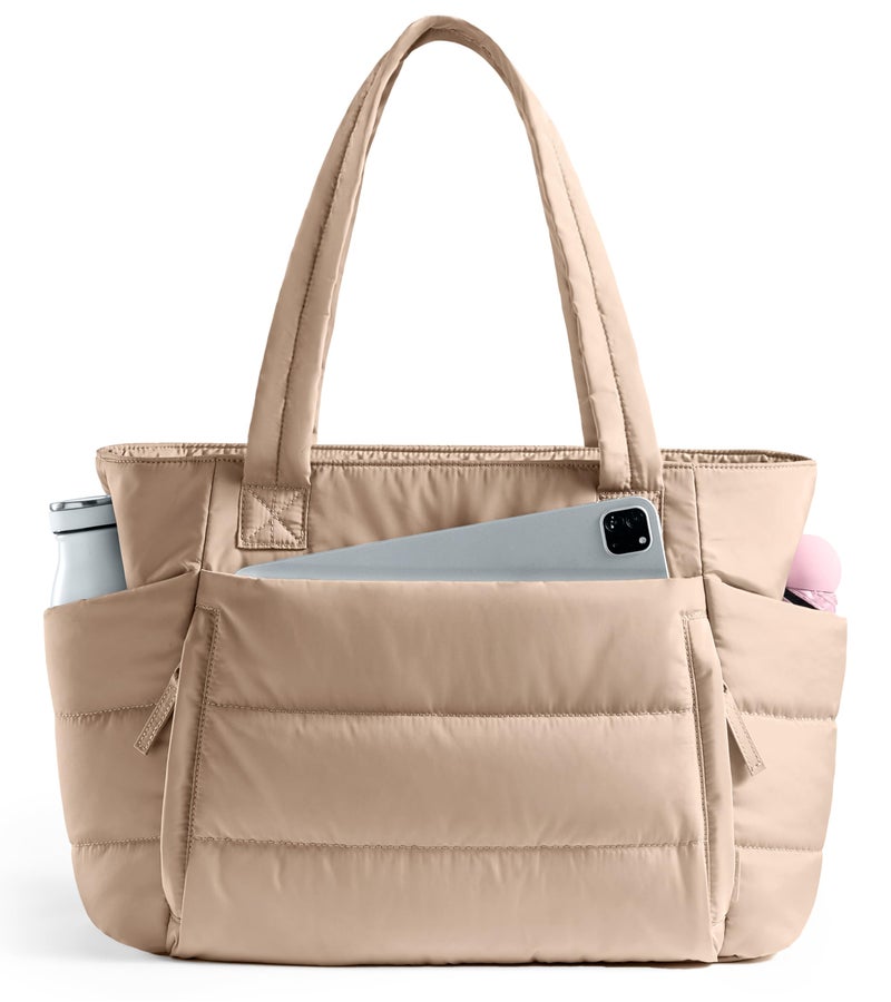 Uselike Tote Bag for Women with Zipper, Quilted Puffer Tote Bag with Compartments, Lightweight Puffy Work Bags for Women Travel (Light Khaki) - Image 1