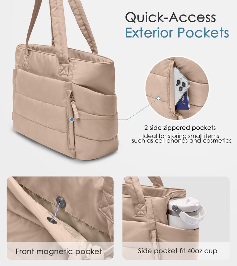 Uselike Tote Bag for Women with Zipper, Quilted Puffer Tote Bag with Compartments, Lightweight Puffy Work Bags for Women Travel (Light Khaki) - Image 3