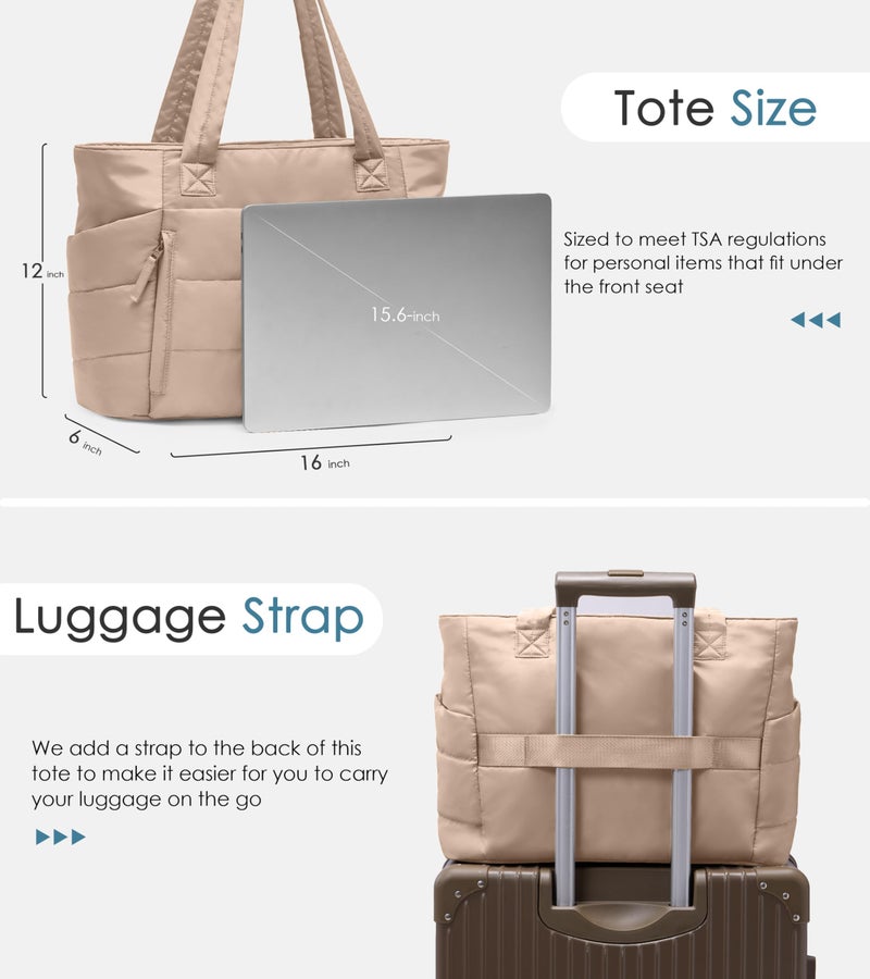 Uselike Tote Bag for Women with Zipper, Quilted Puffer Tote Bag with Compartments, Lightweight Puffy Work Bags for Women Travel (Light Khaki) - Image 5
