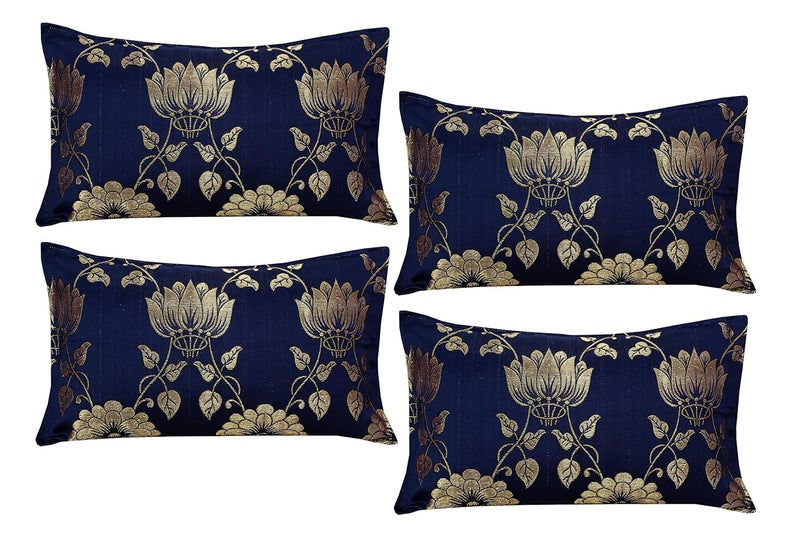 Milan Polycotton Silk 500 TC Pillow Cover (17"X27", Dark Blue & Gold) - Image 1