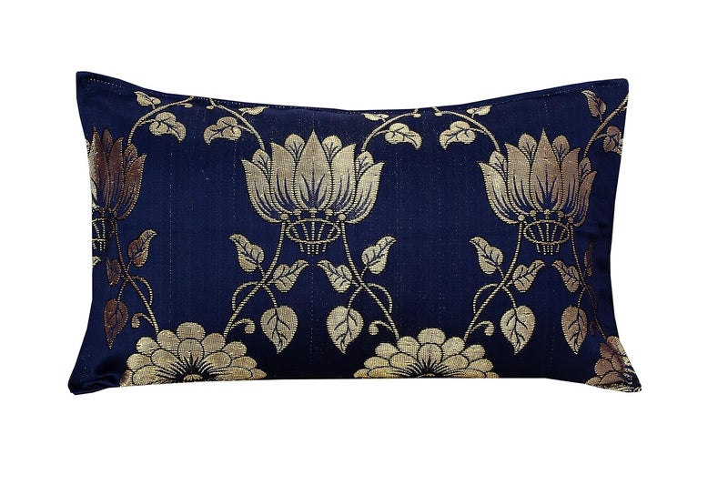 Milan Polycotton Silk 500 TC Pillow Cover (17"X27", Dark Blue & Gold) - Image 2