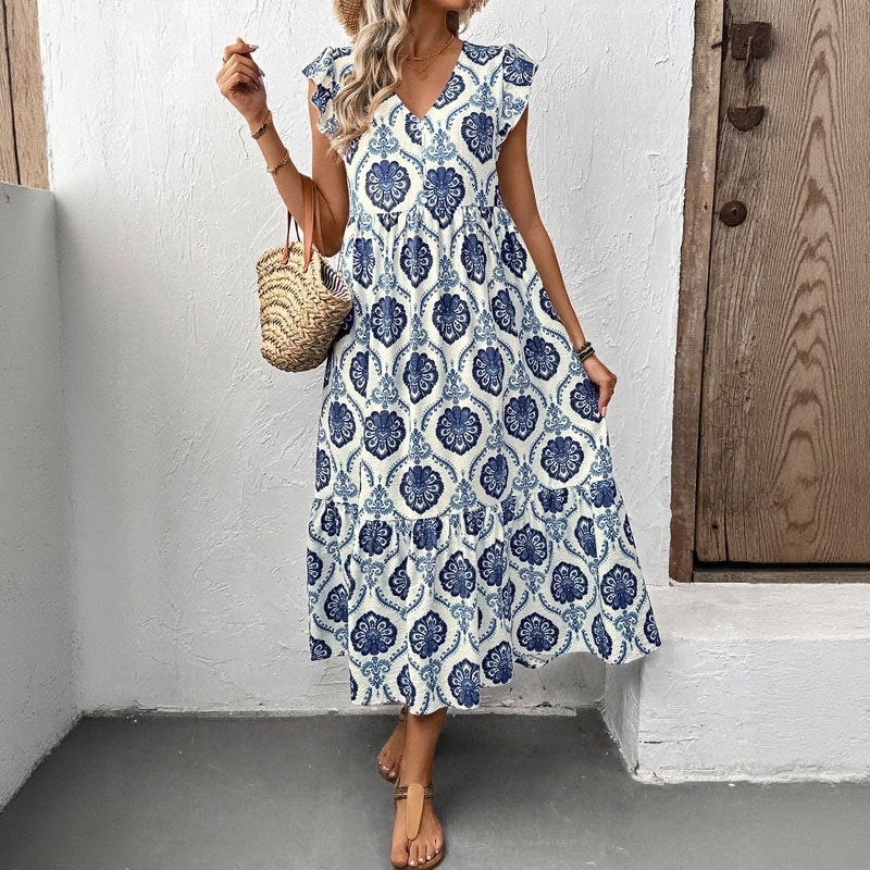 Women's Summer French Vacation Deep V-Neck Floral Print Maxi Dress - Image 2