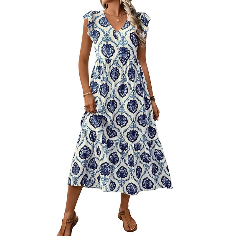 Women's Summer French Vacation Deep V-Neck Floral Print Maxi Dress - Image 5