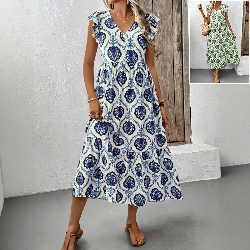 Women's Summer French Vacation Deep V-Neck Floral Print Maxi Dress - Image 1