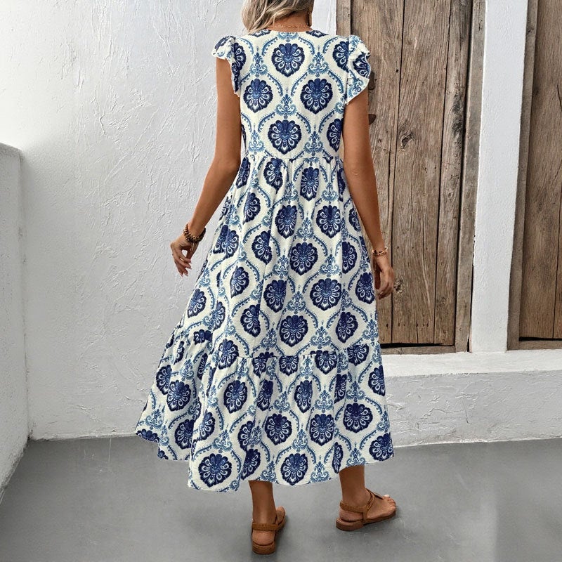 Women's Summer French Vacation Deep V-Neck Floral Print Maxi Dress - Image 4