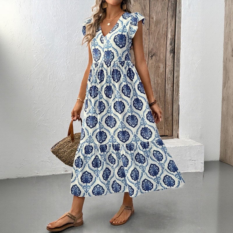Women's Summer French Vacation Deep V-Neck Floral Print Maxi Dress - Image 3