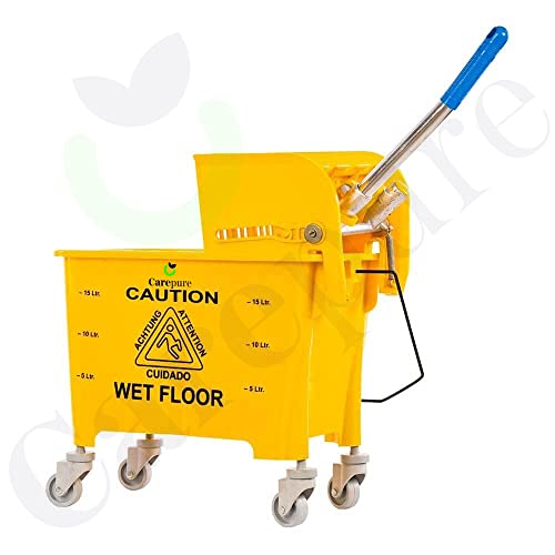Carepure Single Bucket Down Press Wringer Mop Trolley| Mini Mop Bucket Wringer Trolley - 20 Liter - Yellow - Image 2