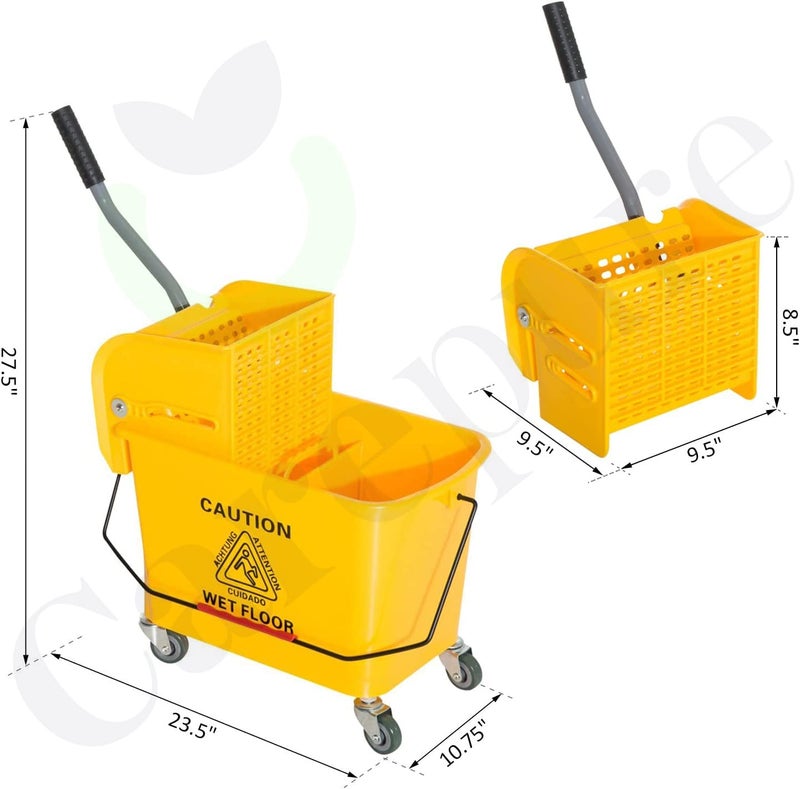 Carepure Single Bucket Down Press Wringer Mop Trolley| Mini Mop Bucket Wringer Trolley - 20 Liter - Yellow - Image 3