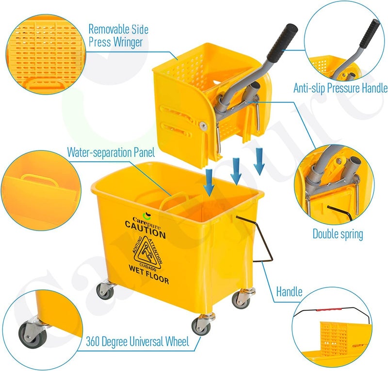 Carepure Single Bucket Down Press Wringer Mop Trolley| Mini Mop Bucket Wringer Trolley - 20 Liter - Yellow - Image 4