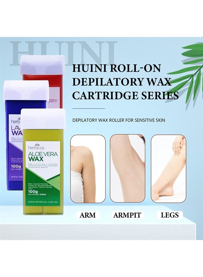 Huini 100g X 2 Roll-on Depilatory Wax Cartridge Sensitive Skin Waxing Hair Removal Salon Spa Home Use (Aloe) - Image 3