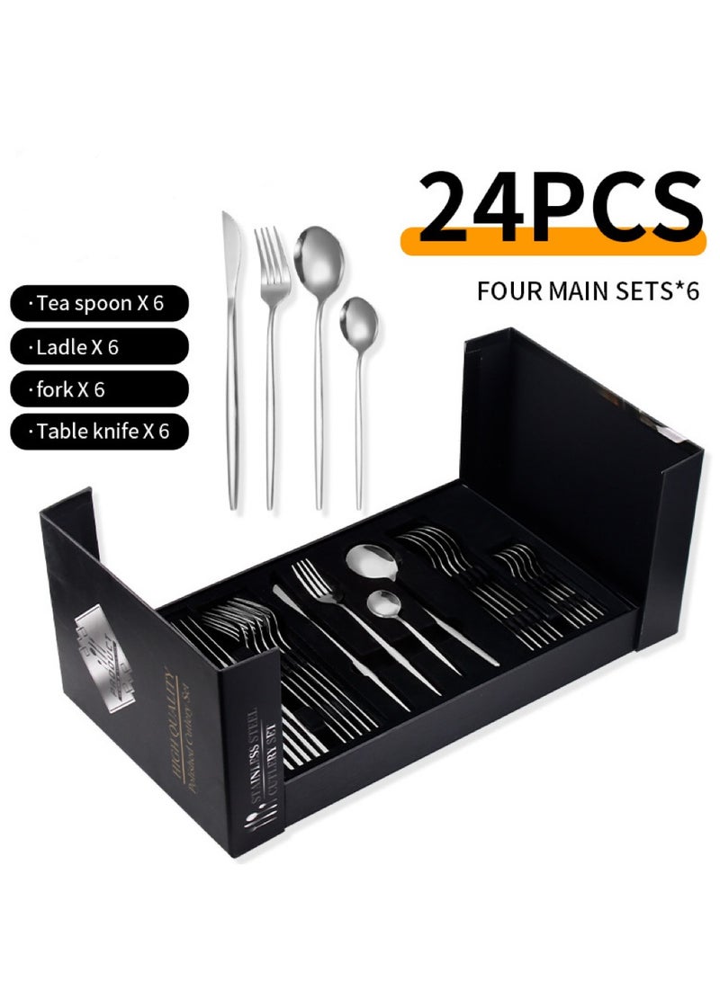 24-Piece Stainless Steel Cutlery Set for 6, Premium Mirror Polished - Complete Knife/Fork/Spoon in Luxury Gift Box, Ideal for Arabic Hospitality, Wedding & Eid (Dishwasher Safe) - Image 1