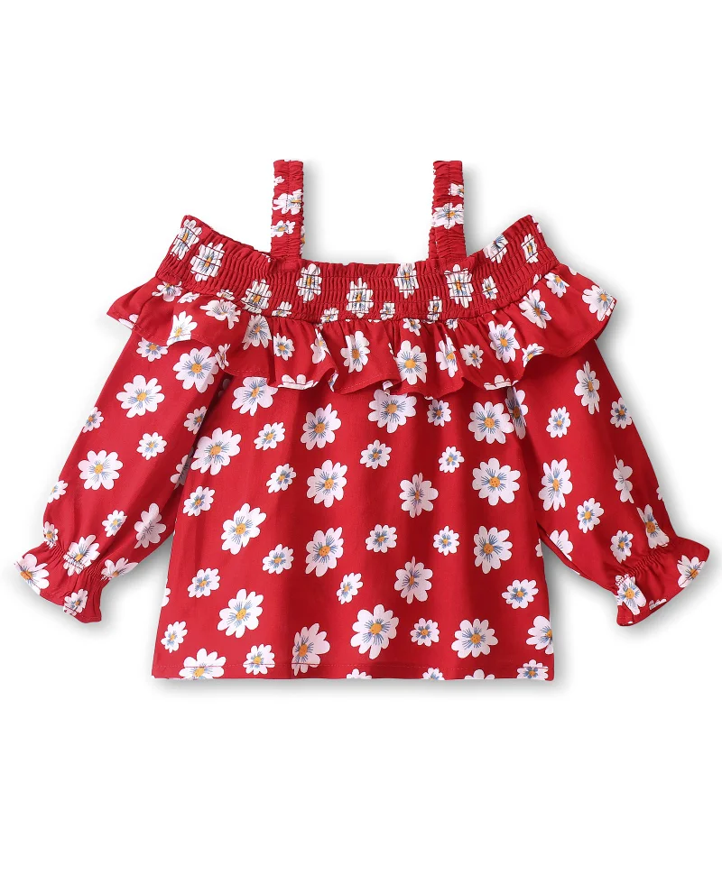 babyhug Babyhug Rayon Woven Off Shoulder Full Sleeves Floral Printed & Frill Detailing Top - Red