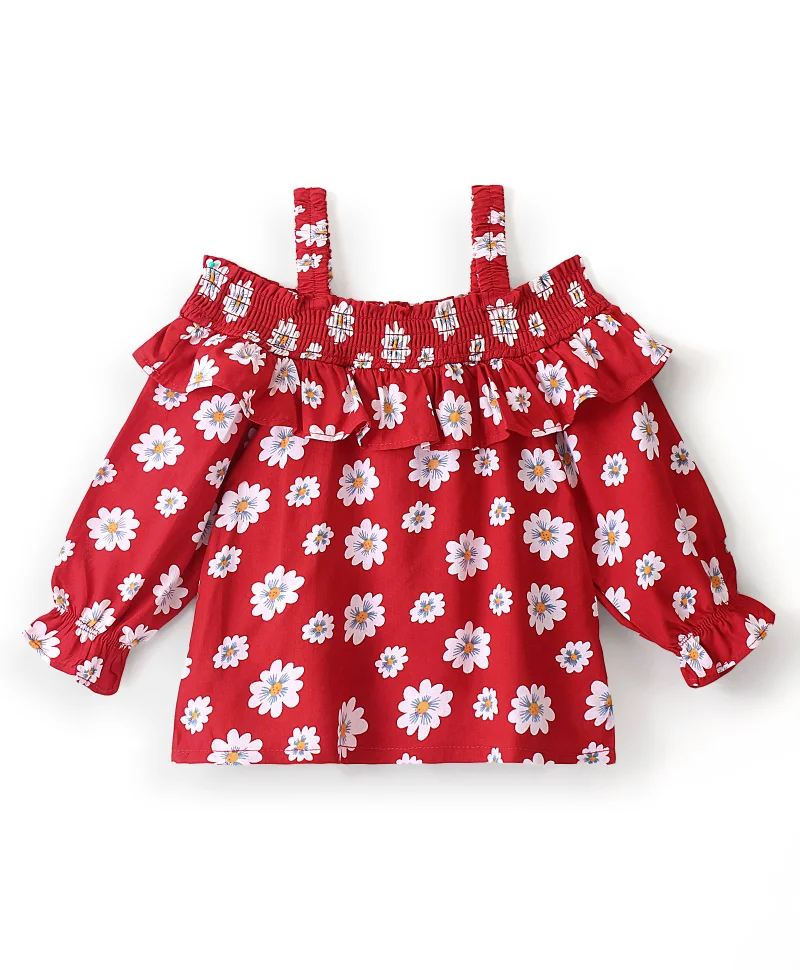 babyhug Babyhug Rayon Woven Off Shoulder Full Sleeves Floral Printed & Frill Detailing Top - Red