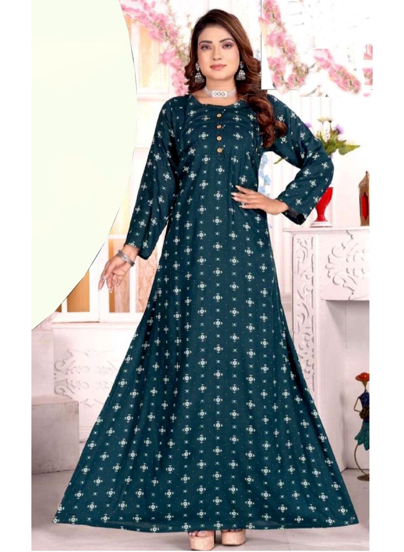 زينة فستان جلابية نسائي طويل فاخر من نسيج الحرير الصناعي - بأكمام كاملة وتنورة واسعة - طبعة مزخرفة بلمعان - للمناسبات والأعياد - Image 1