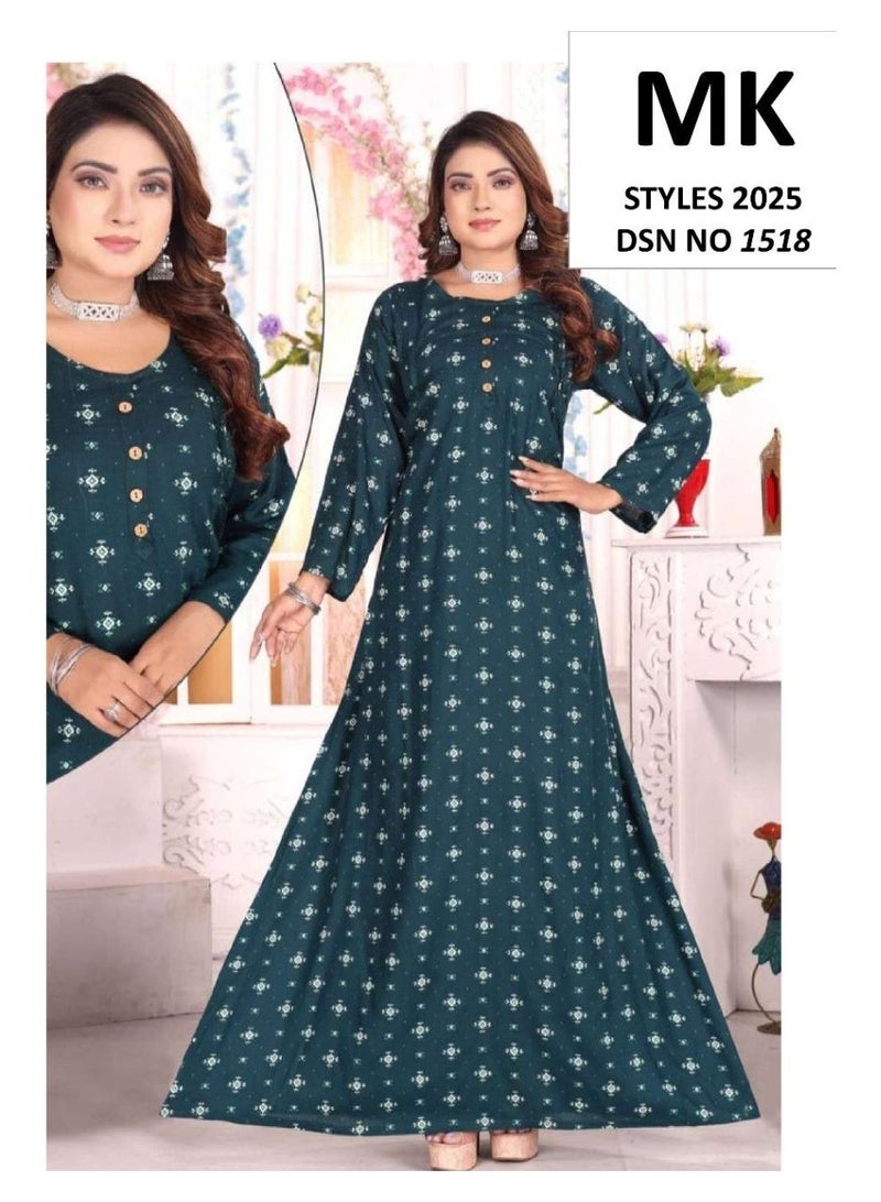 زينة فستان جلابية نسائي طويل فاخر من نسيج الحرير الصناعي - بأكمام كاملة وتنورة واسعة - طبعة مزخرفة بلمعان - للمناسبات والأعياد - Image 3