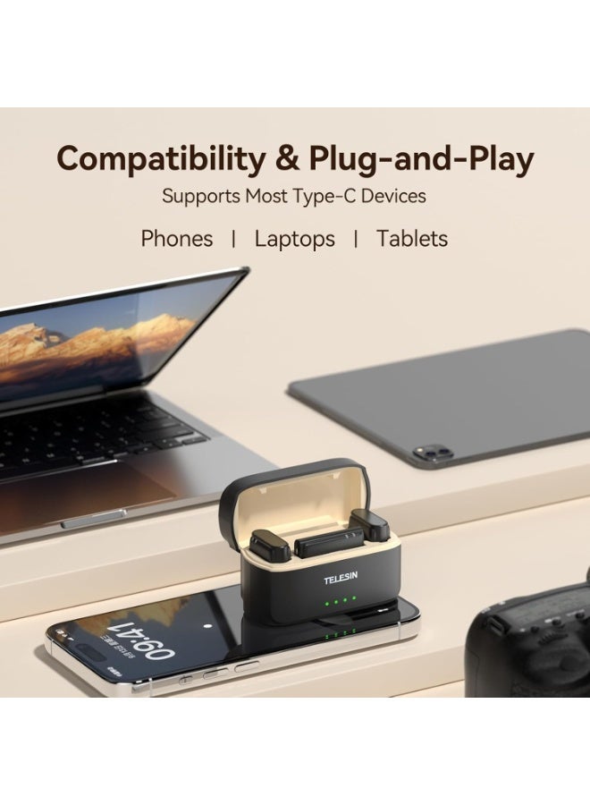 تيليسن ميكروفون لافالير لاسلكي TELESIN مع حقيبة شحن – صوت بدقة 48 كيلو هرتز و24 بت، تقليل ضوضاء بنقرة واحدة، مدى 200 متر، بطارية لمدة 20 ساعة – متوافق مع USB-C لهواتف iPhone 15/16، أندرويد، الكمبيوتر، والكاميرا - Image 2