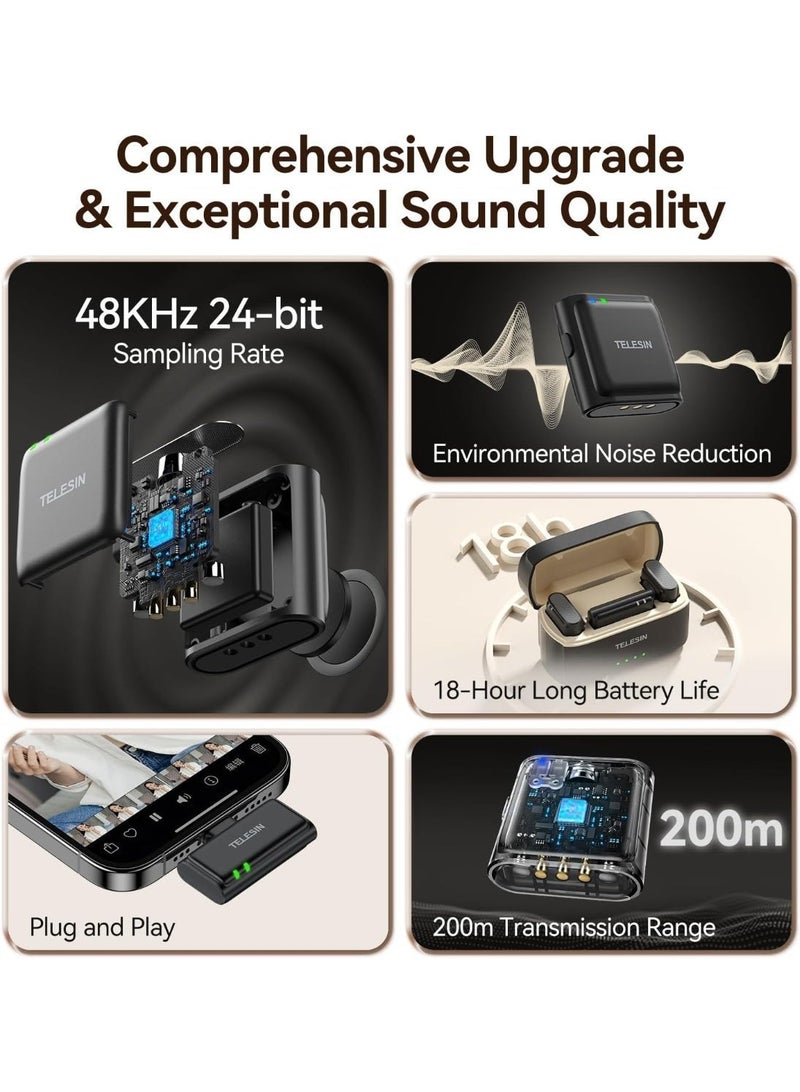 تيليسن ميكروفون لافالير لاسلكي TELESIN مع حقيبة شحن – صوت بدقة 48 كيلو هرتز و24 بت، تقليل ضوضاء بنقرة واحدة، مدى 200 متر، بطارية لمدة 20 ساعة – متوافق مع USB-C لهواتف iPhone 15/16، أندرويد، الكمبيوتر، والكاميرا - Image 4