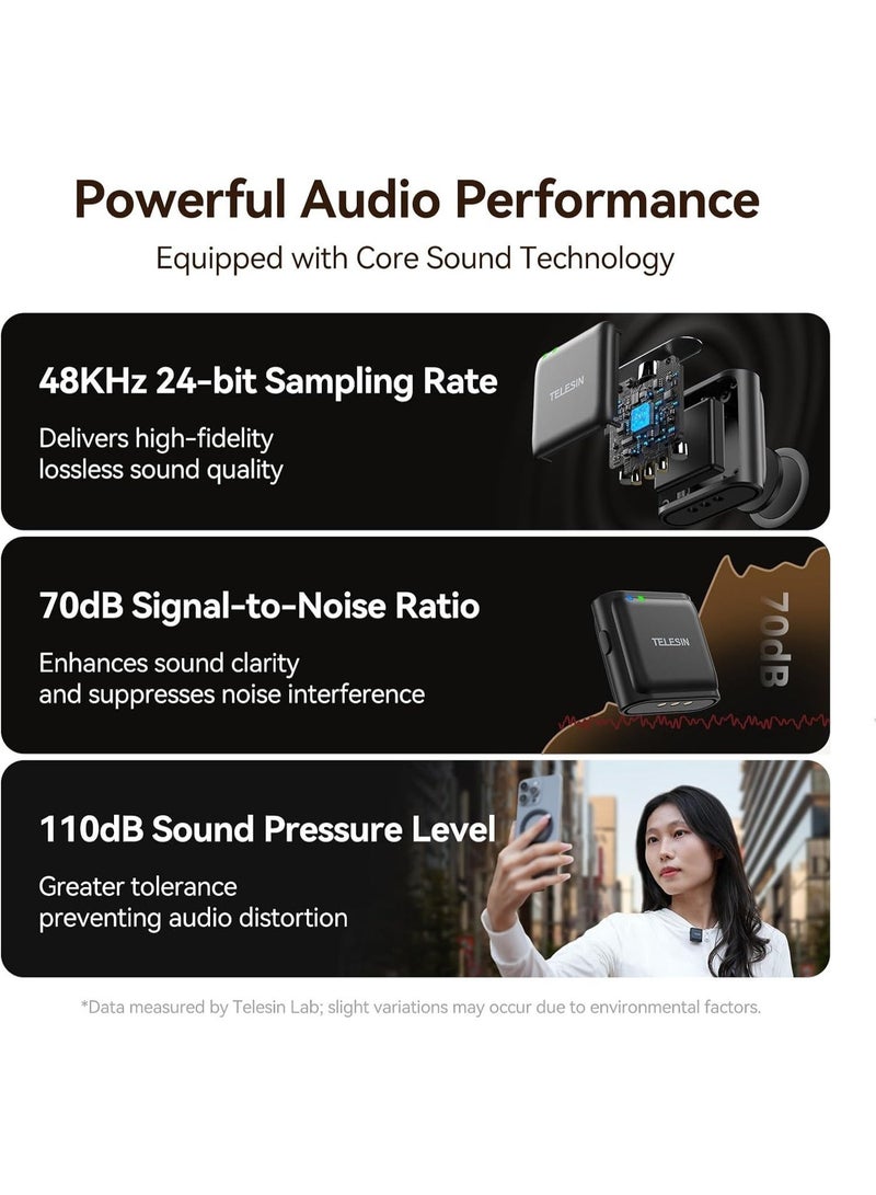 تيليسن ميكروفون لافالير لاسلكي TELESIN مع حقيبة شحن – صوت بدقة 48 كيلو هرتز و24 بت، تقليل ضوضاء بنقرة واحدة، مدى 200 متر، بطارية لمدة 20 ساعة – متوافق مع USB-C لهواتف iPhone 15/16، أندرويد، الكمبيوتر، والكاميرا - Image 5