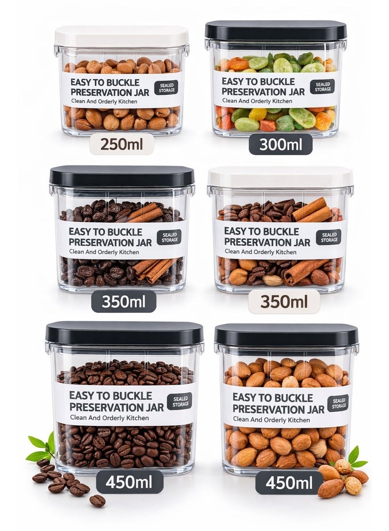 Fikriyah 6-Piece Airtight Food Storage Jar Set – Easy Buckle Thick Plastic Containers with Sealed Lids – Multi-Size Kitchen Organizer (250ml, 300ml, 350ml, 450ml) - Image 1