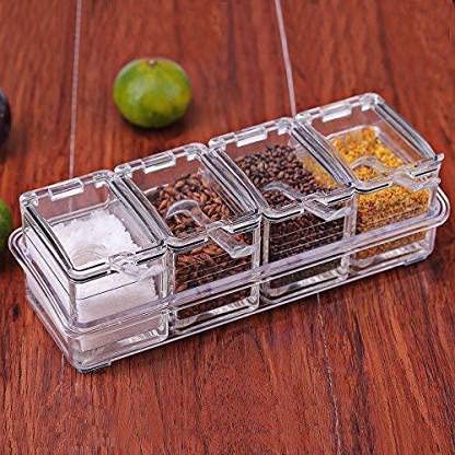 Tactine Acrylic Home Kitchen 4 Grid Acrylic Seasoning Mukhwas Rasoi Dry Fruit Easy Flow Spice Box Kit With SpoonKitchen Masala Storage Box Container Seasoning Organizers JarsTransparent - Image 2