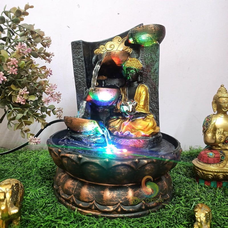DECORION ™ Decorative Water Fountain for Home Décor, Office, Indoor & Outdoor, Garden, Puja Room, Vaastu, Reception, Spa, Gifting. (Golden Buddha D - 058) - Image 1
