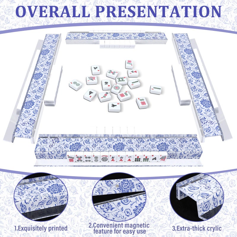LaRandom 4 Pack Magnetic Chinoiserie Mahjong Tile Racks with Removable Acrylic Pushers, 18.5 Inch Length American Mahjong Racks Holders with Pattern, Fits All Tile Sets (Blue Floral) - Image 3
