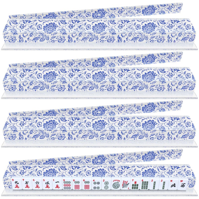 LaRandom 4 Pack Magnetic Chinoiserie Mahjong Tile Racks with Removable Acrylic Pushers, 18.5 Inch Length American Mahjong Racks Holders with Pattern, Fits All Tile Sets (Blue Floral) - Image 1