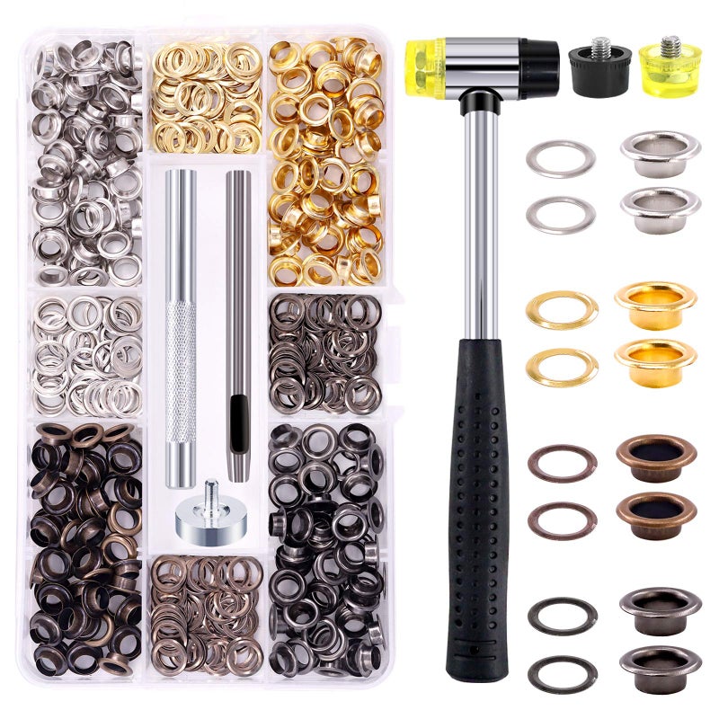 Rustark 240 Sets 14 Inch Colored Grommet Assortment Kit with 4 Pcs Setting Install Tool 6mm Metal Eyelets in Storage Box for DIY Projects