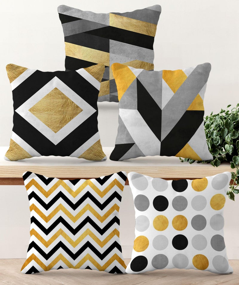 HOOPY Set of 5 Designer Decorative Throw Pillow/Cushion Covers (16 inch x 16 inch, Gold Geo Print) - Image 1
