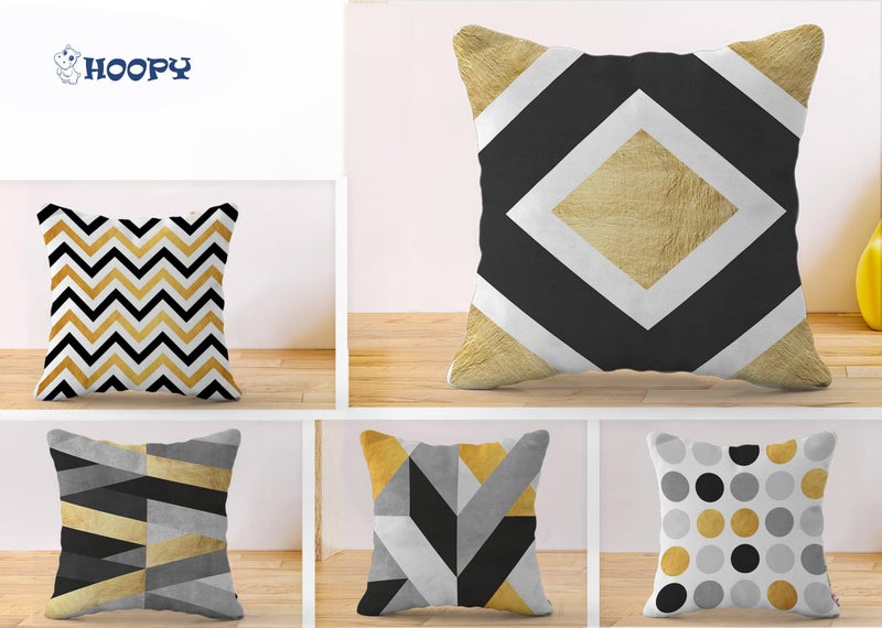 HOOPY Set of 5 Designer Decorative Throw Pillow/Cushion Covers (16 inch x 16 inch, Gold Geo Print) - Image 2