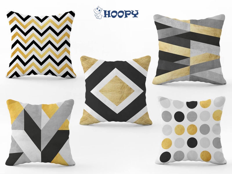 HOOPY Set of 5 Designer Decorative Throw Pillow/Cushion Covers (16 inch x 16 inch, Gold Geo Print) - Image 4