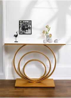 fan baytk The Modern Gold Entryway Table is a piece of furniture that combines elegance and practicality. With dimensions of 110 cm length x 90 cm height x 30 cm width, this entryway provides ideal storage space for everyday items, and can also be used to display flowers or decorative items, adding a distinctive aesthetic touch to any interior space. Its modern design is in harmony with high-quality materials, making it easy to maintain and ensuring that its attractive appearance is maintained. With a unique visual balance between golden iron and marble wood, this entryway is a great attraction that enhances the aesthetics of your home.  - Image 2
